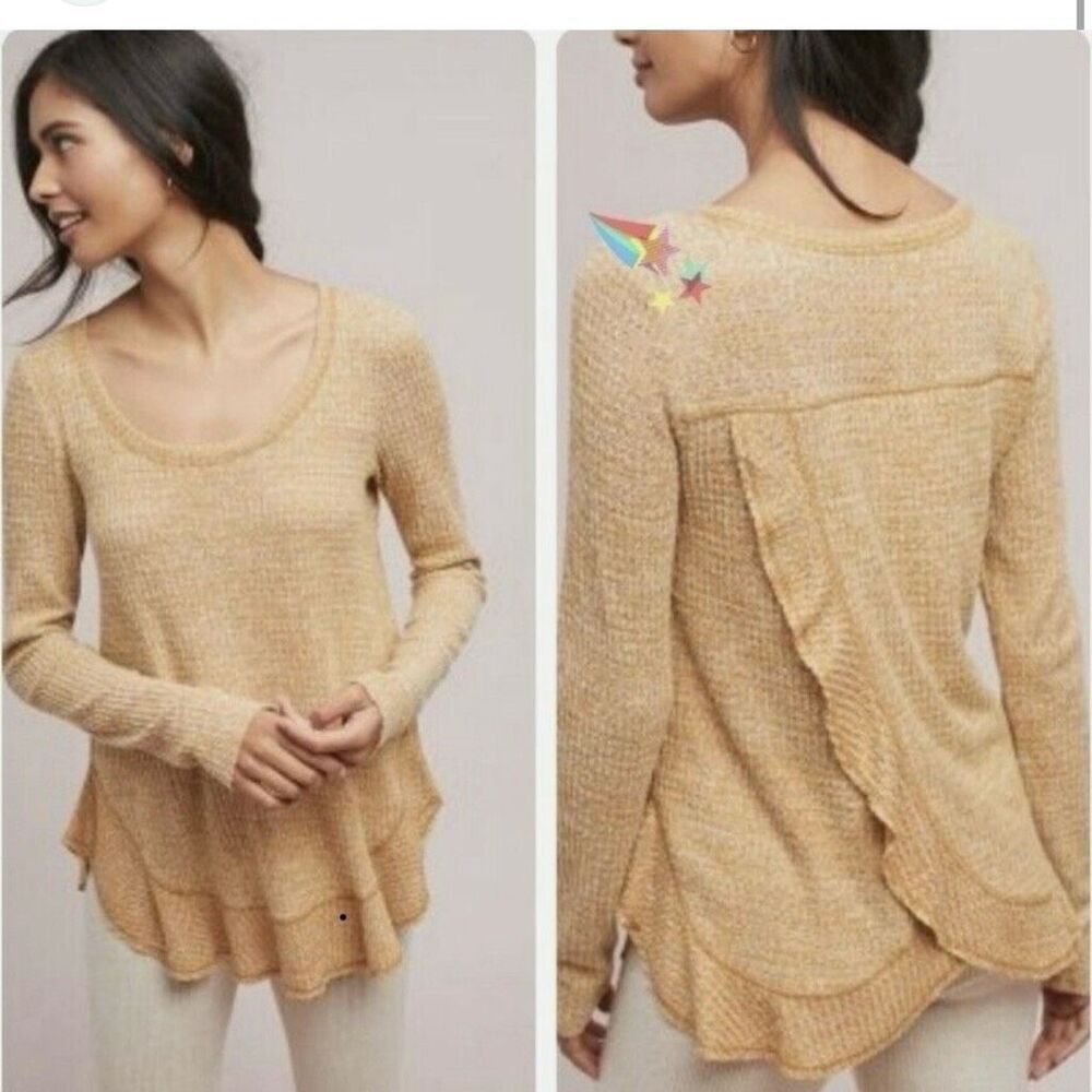 Anthropologie XS Yellow Waffle Knit Thermal Top Ruffle Wrap Back